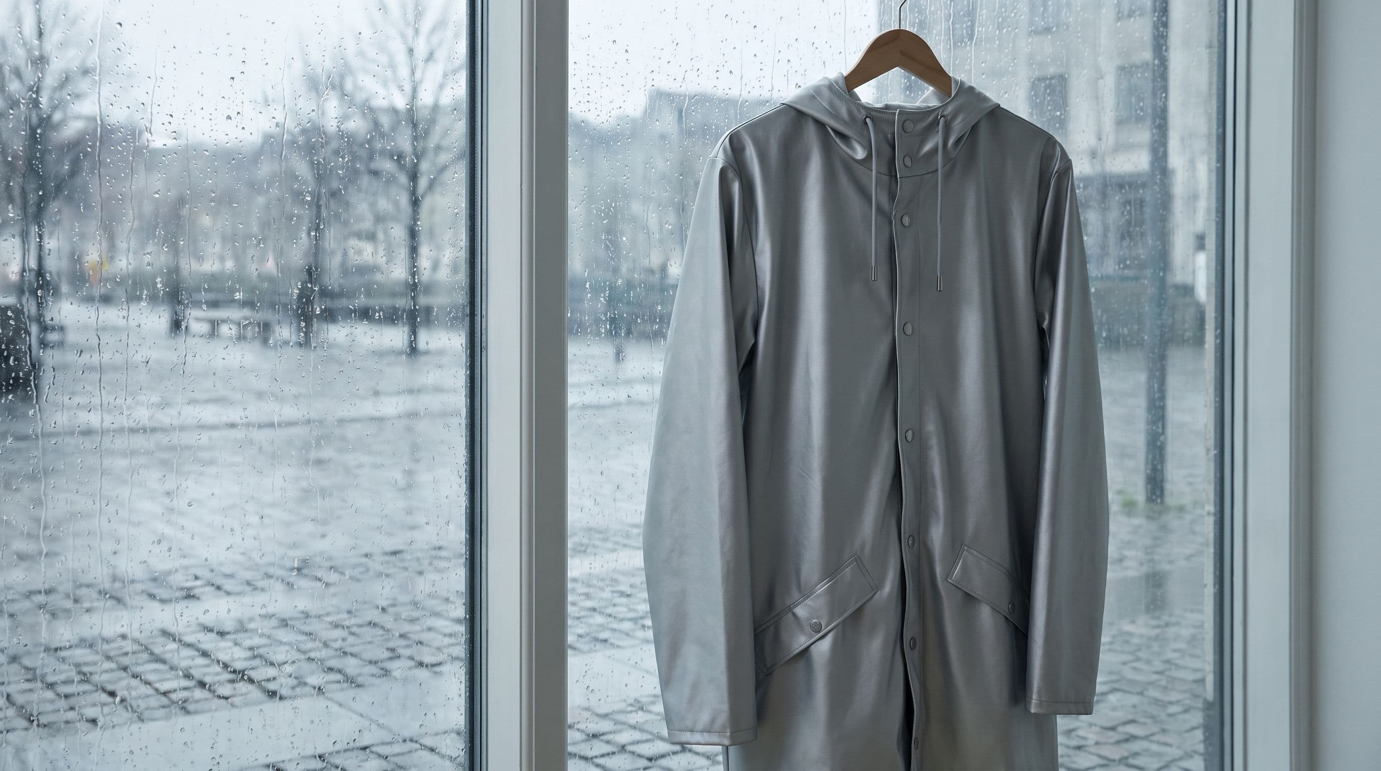 Veste imperméable suspendue sur cintre devant une fenêtre embuée